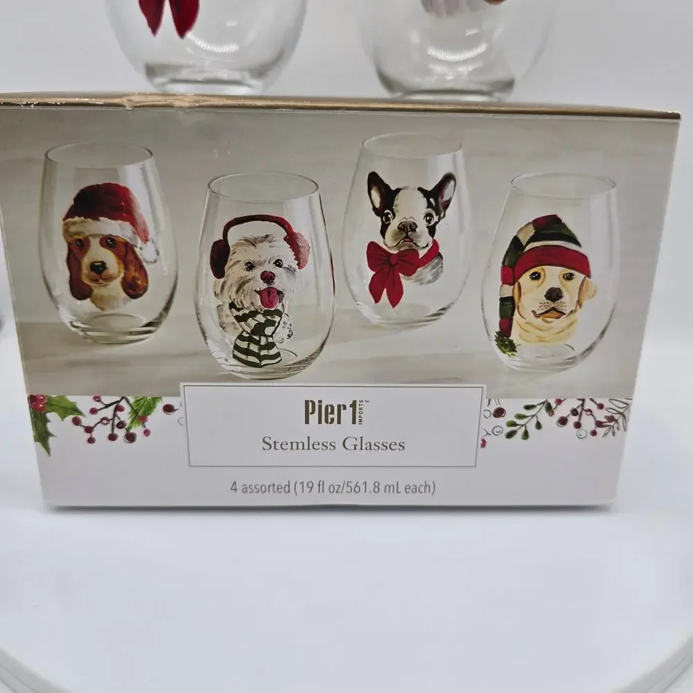 Pier 1 Hand Painted Stemless Wine Glasses Holiday Christmas Puppy Dogs Set of 4